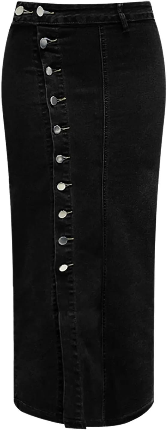 Women's High Waisted Ripped Denim Skirts Frayed Raw Asymmetrical Midi Jean Skirt Vintage Slit Outfits