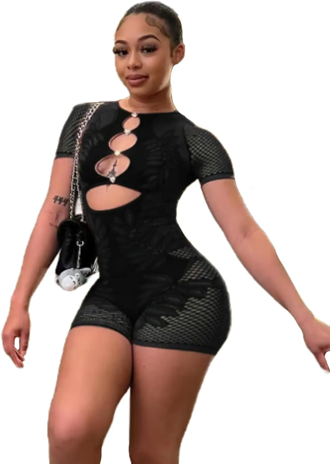 Women's Jumpsuit Sexy See Through Off Shoulder Mesh Short Sleeve Tummy Control Yoga Workout Rompers Y2K Club Outfits