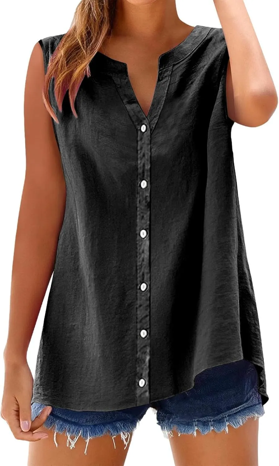 Womens Linen Tank Tops Button Down Shirts Sleeveless Cotton Collared V Neck Boho Summer Loose Casual Work Blouses