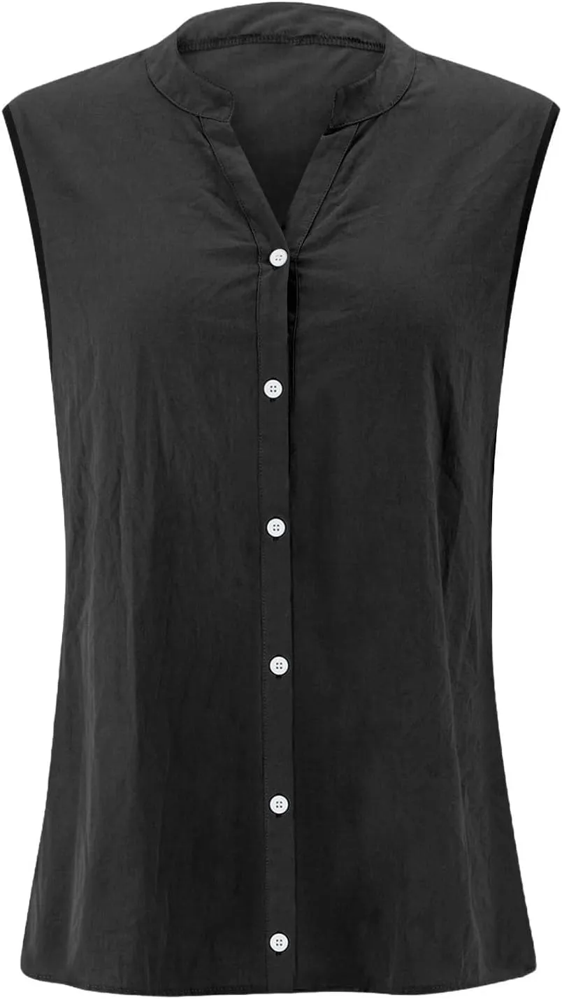 Womens Linen Tank Tops Button Down Shirts Sleeveless Cotton Collared V Neck Boho Summer Loose Casual Work Blouses