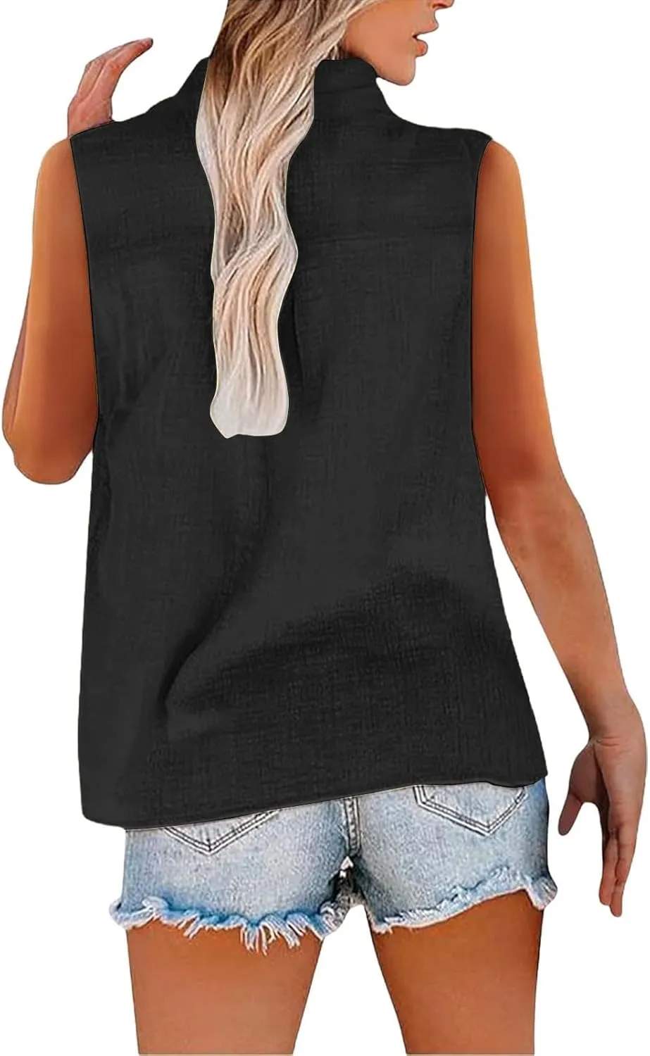 Womens Linen Tank Tops Button Down Shirts Sleeveless Cotton Collared V Neck Boho Summer Loose Casual Work Blouses