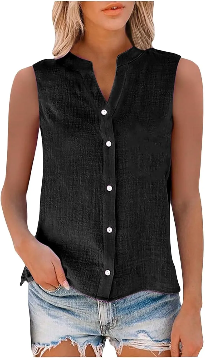 Womens Linen Tank Tops Button Down Shirts Sleeveless Cotton Collared V Neck Boho Summer Loose Casual Work Blouses