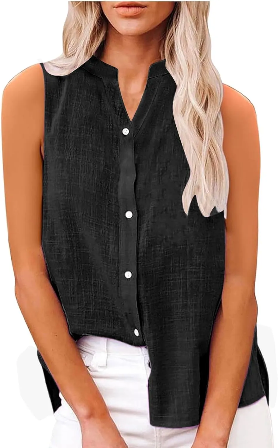 Womens Linen Tank Tops Button Down Shirts Sleeveless Cotton Collared V Neck Boho Summer Loose Casual Work Blouses
