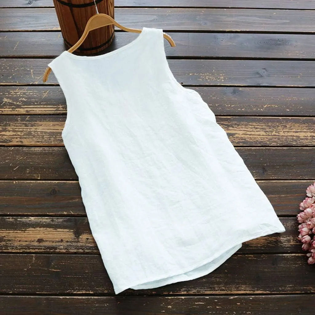 Womens Linen Tank Tops Summer 2025 Round Neck Sleeveless Shirts Strap Pullover Blouse Top Casual Cami
