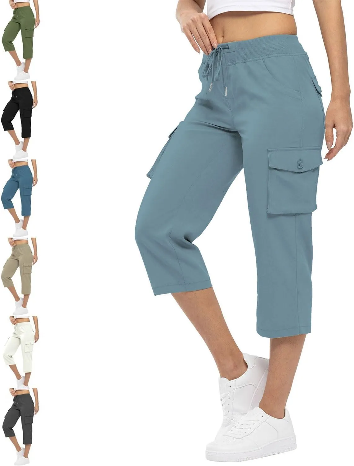 Women's Outdoor Lightweight Cargo Capris Pants, Lightweight Quick Dry Breathable Adjustable for Summer Travel Hem Hiking