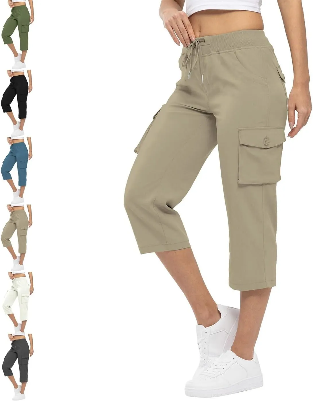 Women's Outdoor Lightweight Cargo Capris Pants, Lightweight Quick Dry Breathable Adjustable for Summer Travel Hem Hiking