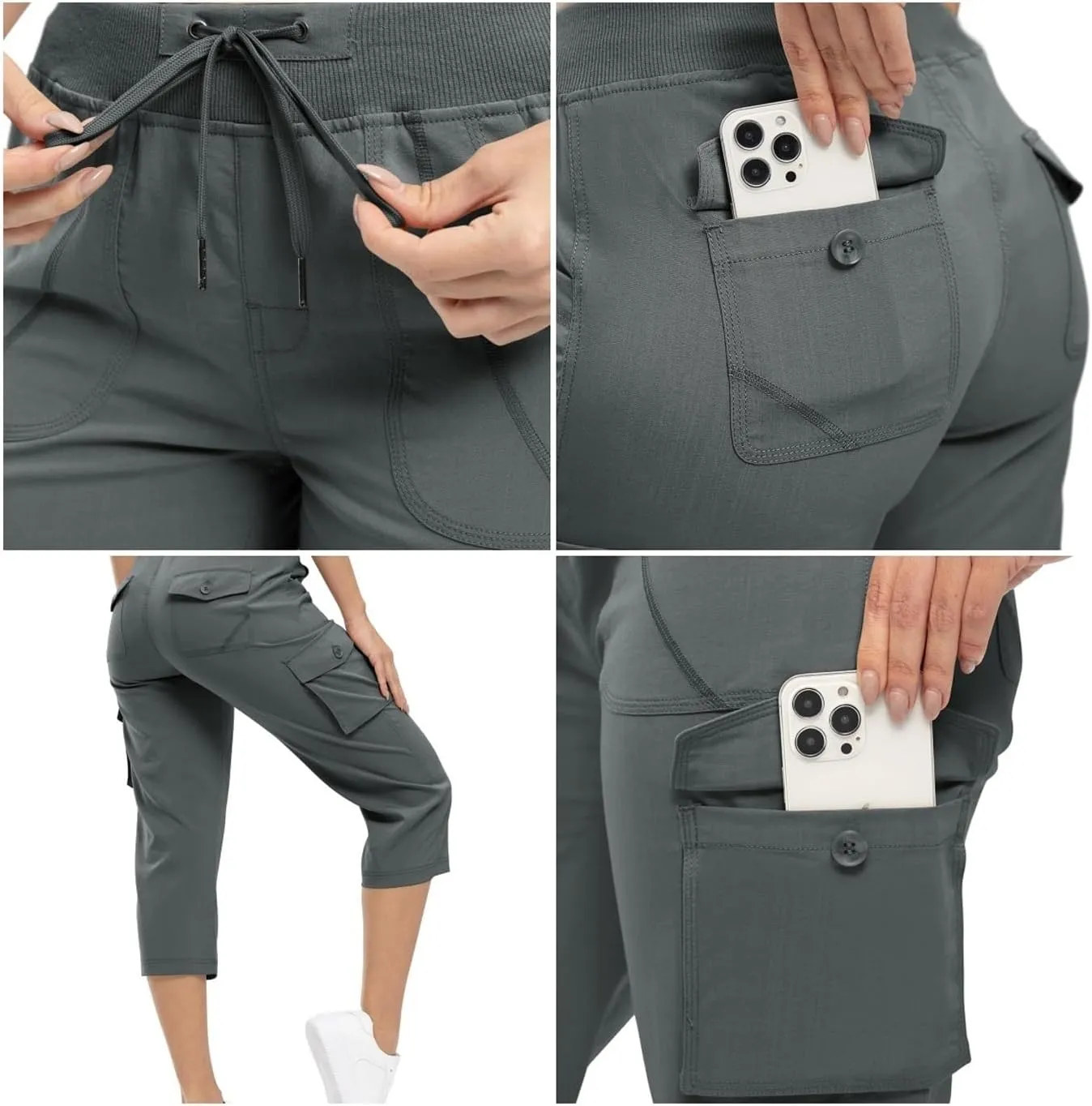 Women's Outdoor Lightweight Cargo Capris Pants, Lightweight Quick Dry Breathable Adjustable for Summer Travel Hem Hiking