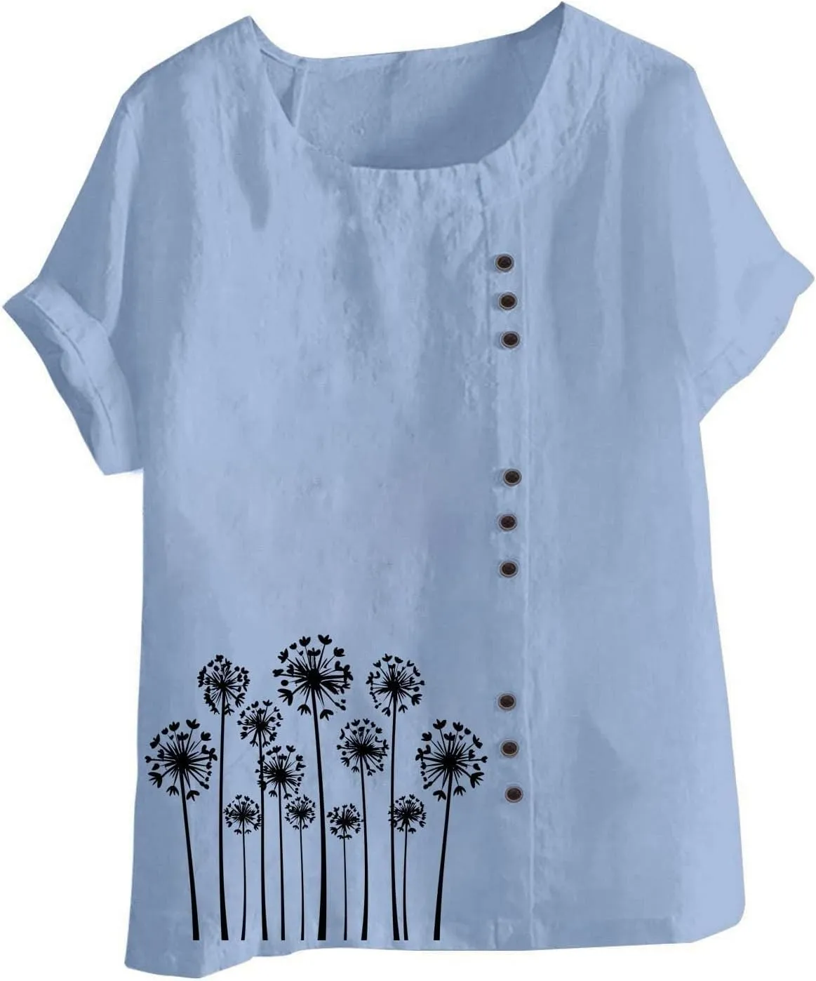 Women's Oversized Cotton Linen Shirts Summer Casual Boho Floral Print Short Sleeve Blouse Loose Crewneck Tunic Tops