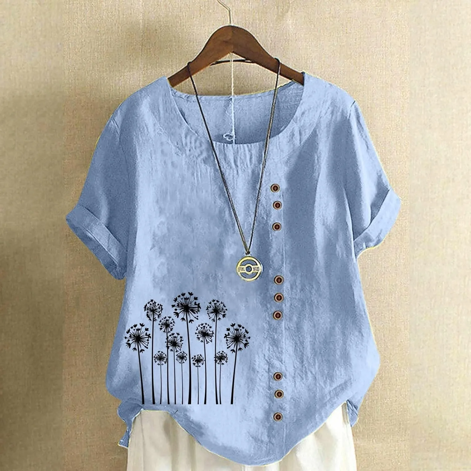 Women's Oversized Cotton Linen Shirts Summer Casual Boho Floral Print Short Sleeve Blouse Loose Crewneck Tunic Tops