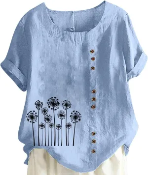 Women's Oversized Cotton Linen Shirts Summer Casual Boho Floral Print Short Sleeve Blouse Loose Crewneck Tunic Tops