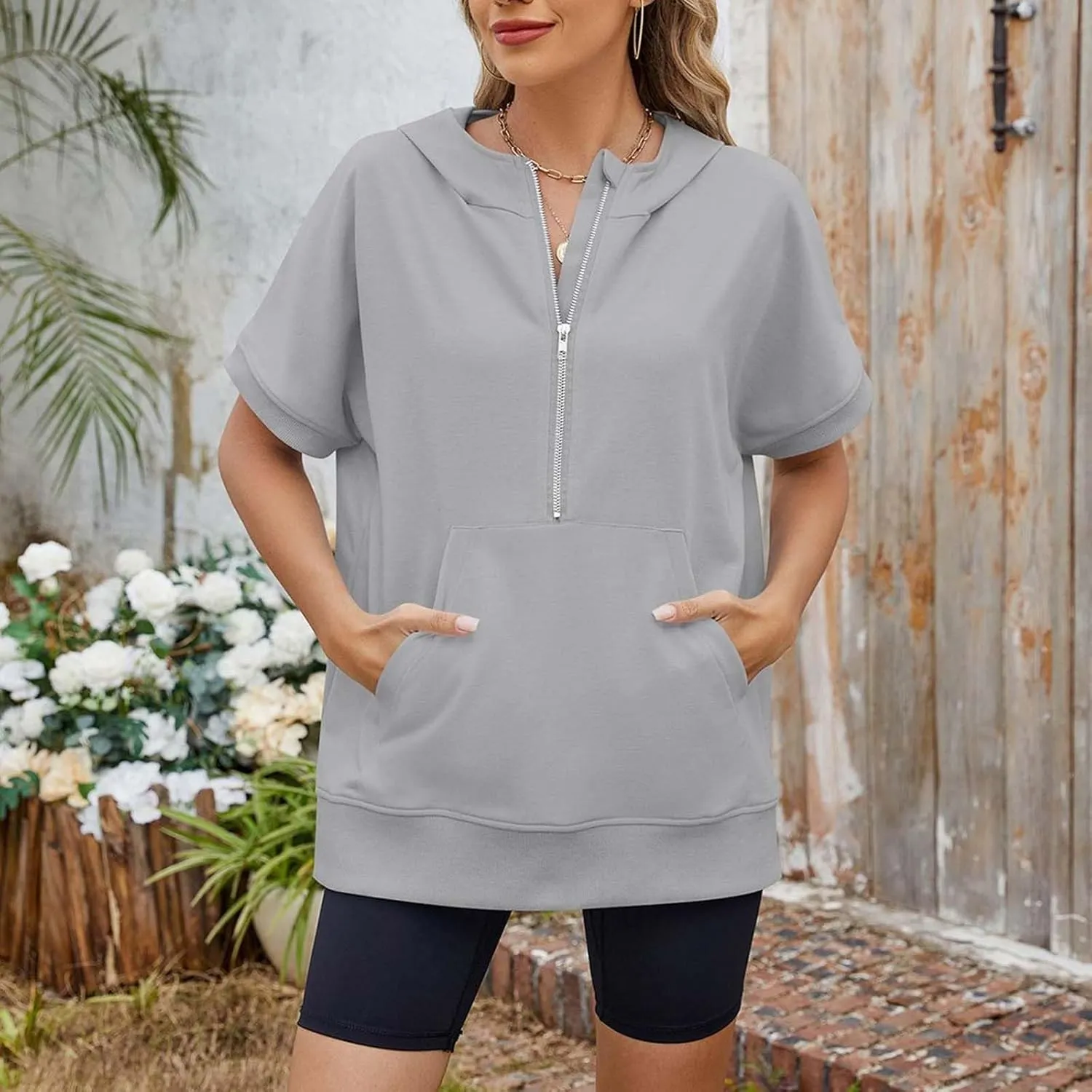 Womens Oversized Half Zip Hoodies Short Sleeve Casual Sweatshirts Pullover Tops with Pockets Loose 2025 Clothes