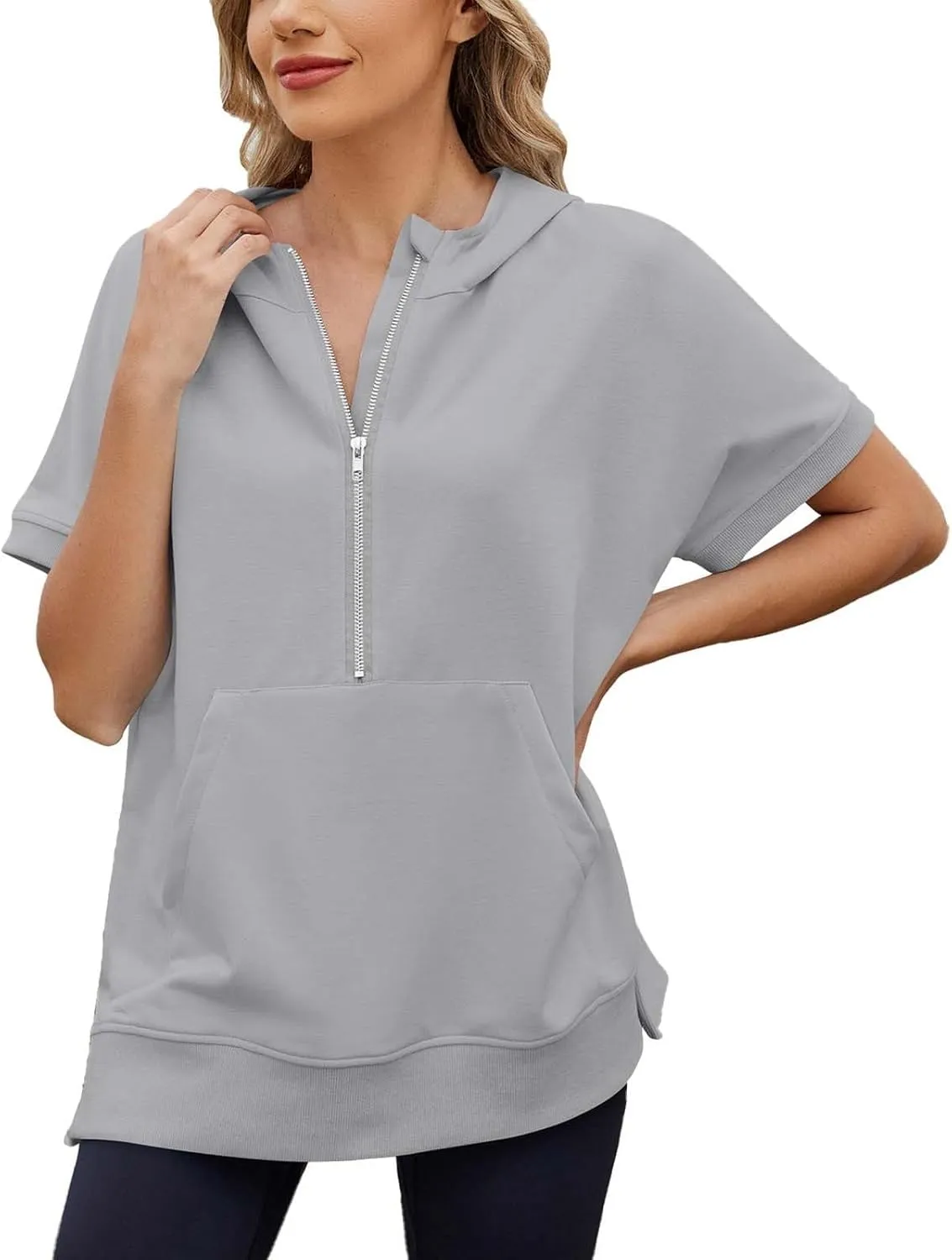 Womens Oversized Half Zip Hoodies Short Sleeve Casual Sweatshirts Pullover Tops with Pockets Loose 2025 Clothes