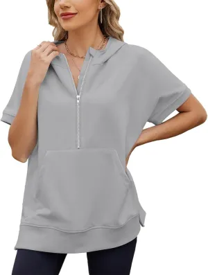 Womens Oversized Half Zip Hoodies Short Sleeve Casual Sweatshirts Pullover Tops with Pockets Loose 2025 Clothes