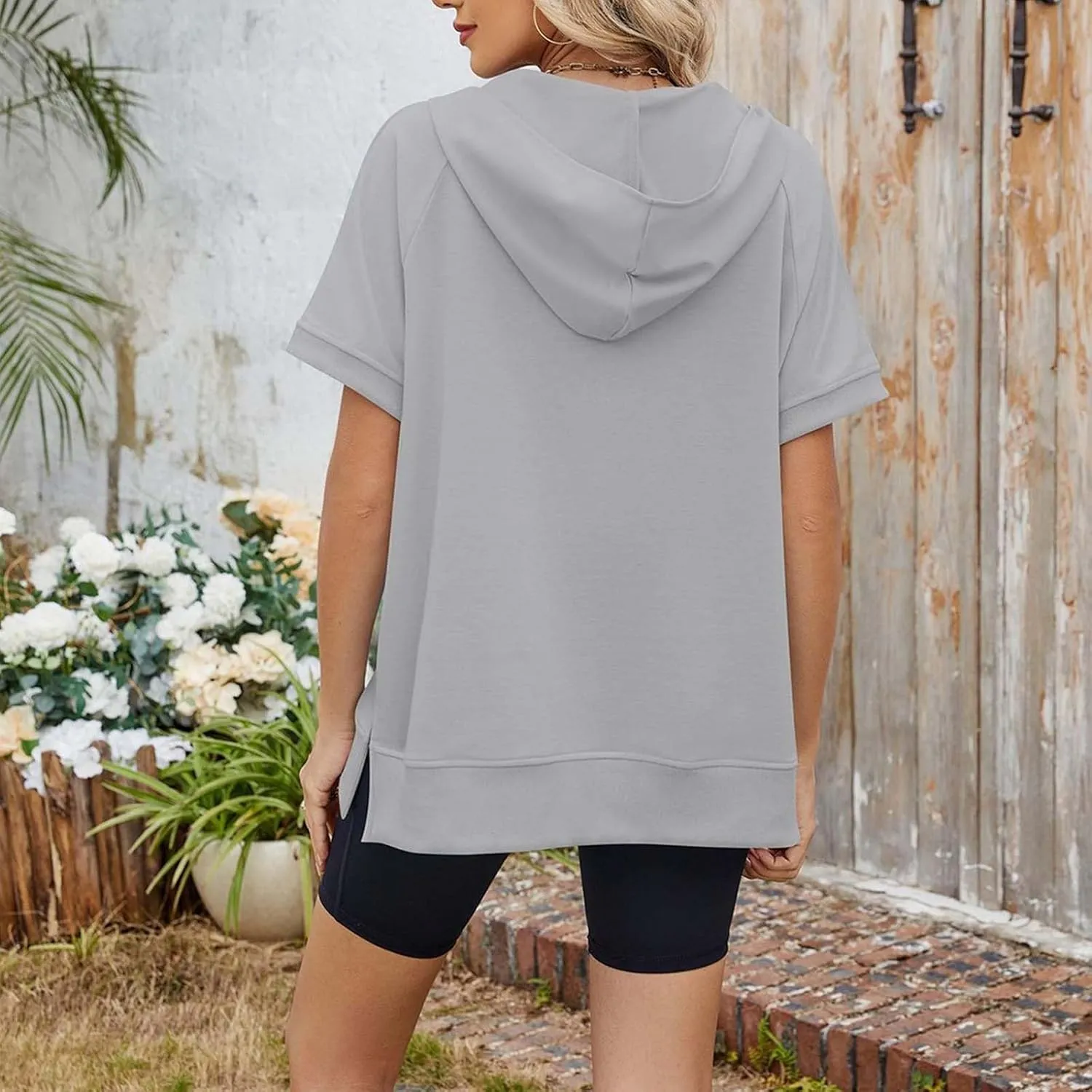 Womens Oversized Half Zip Hoodies Short Sleeve Casual Sweatshirts Pullover Tops with Pockets Loose 2025 Clothes