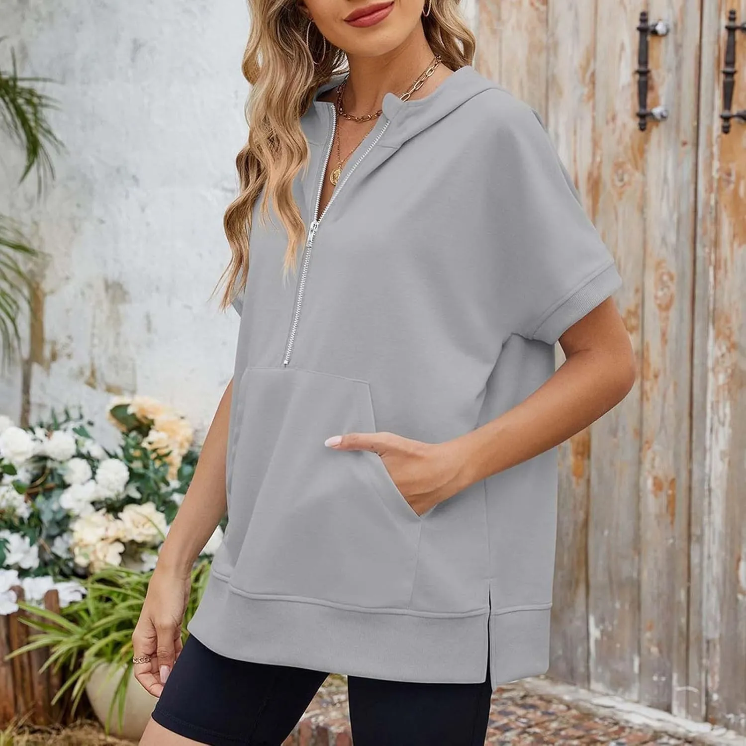 Womens Oversized Half Zip Hoodies Short Sleeve Casual Sweatshirts Pullover Tops with Pockets Loose 2025 Clothes