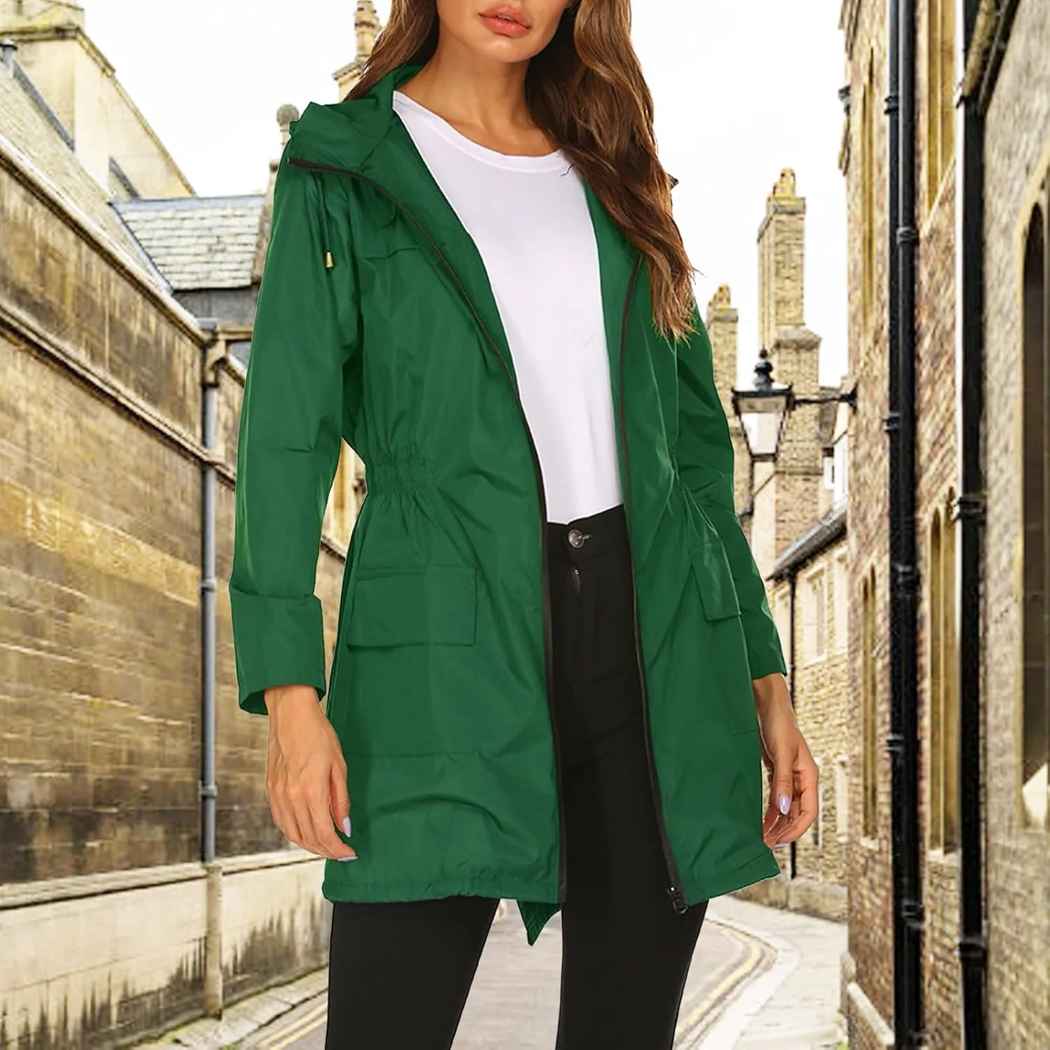 Womens Rain Coat Active Outdoor Rain Jacket Lightweight Zip Up Summer Fall Raincoat Windbreaker with Hood Trench Coat