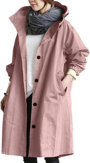 Women's Rain Jacket Button Waterproof Windbreaker Outdoor Trench Coat, S-5XL