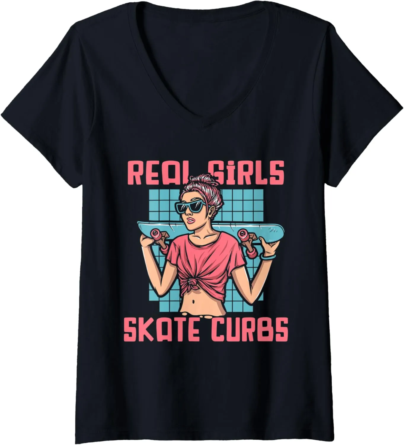Womens Real Girls Skate Curbs Skatergirl Skaterboy Skateboard V-Neck T-Shirt