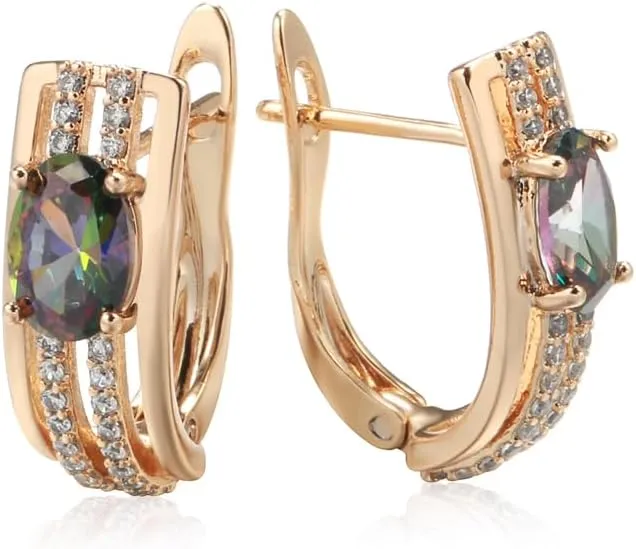 Women's Rose Gold Plated Huggie Hoop Earrings with Oval Mystic Topaz and CZ Accents