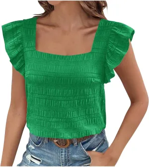 Womens Ruffle Cap Sleeve Tops Petite Crop Square Neck Blouses Dressy Casual Summer Daily T Shirts Going Out Tunic