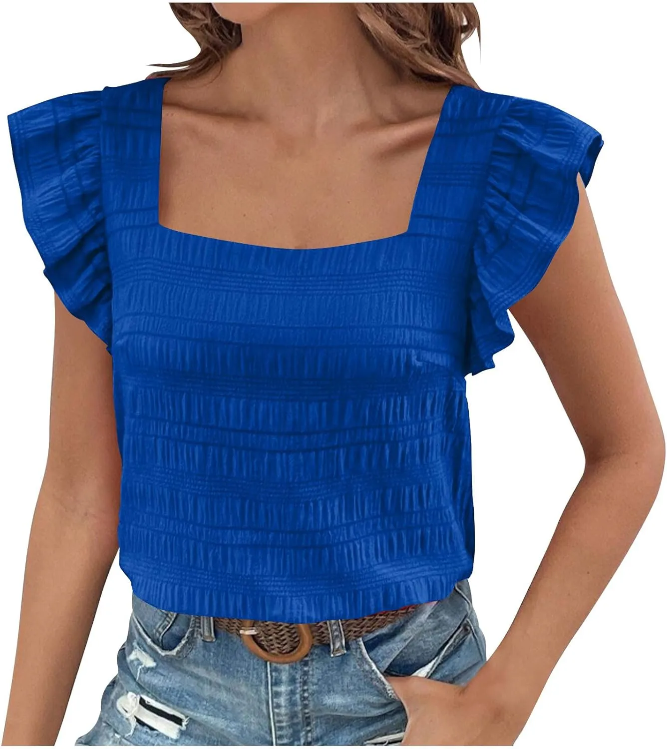Womens Ruffle Cap Sleeve Tops Petite Crop Square Neck Blouses Dressy Casual Summer Daily T Shirts Going Out Tunic