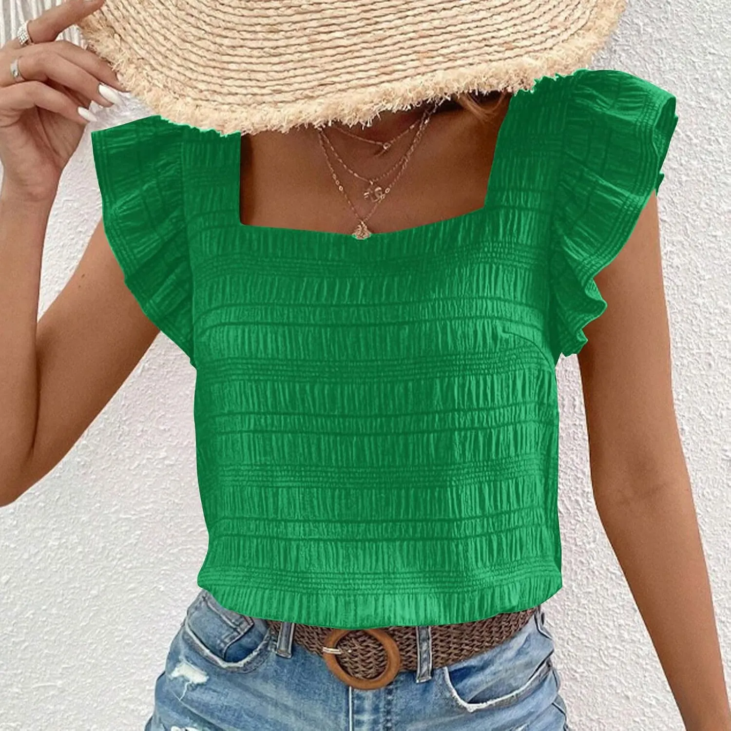 Womens Ruffle Cap Sleeve Tops Petite Crop Square Neck Blouses Dressy Casual Summer Daily T Shirts Going Out Tunic