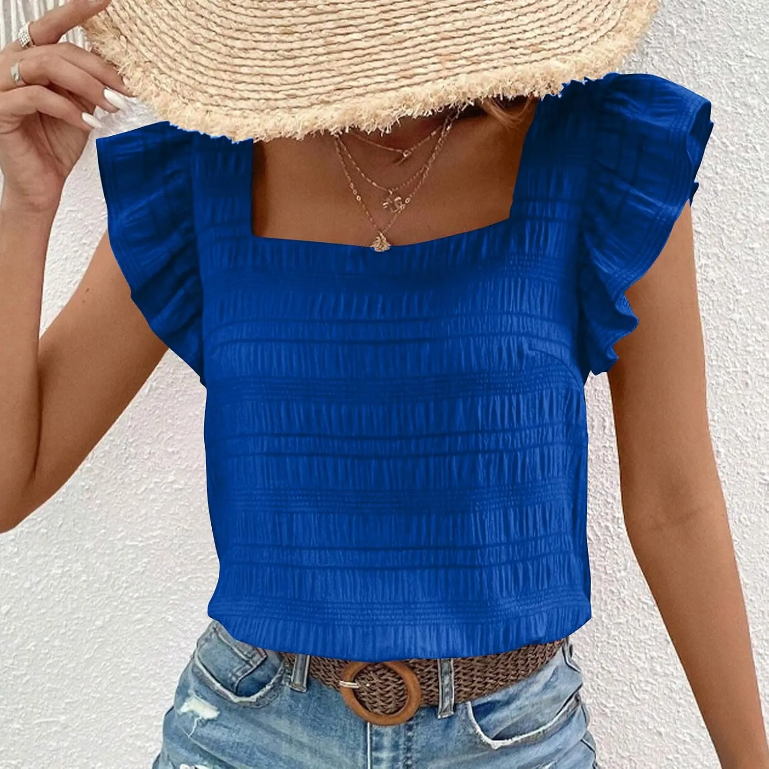 Womens Ruffle Cap Sleeve Tops Petite Crop Square Neck Blouses Dressy Casual Summer Daily T Shirts Going Out Tunic