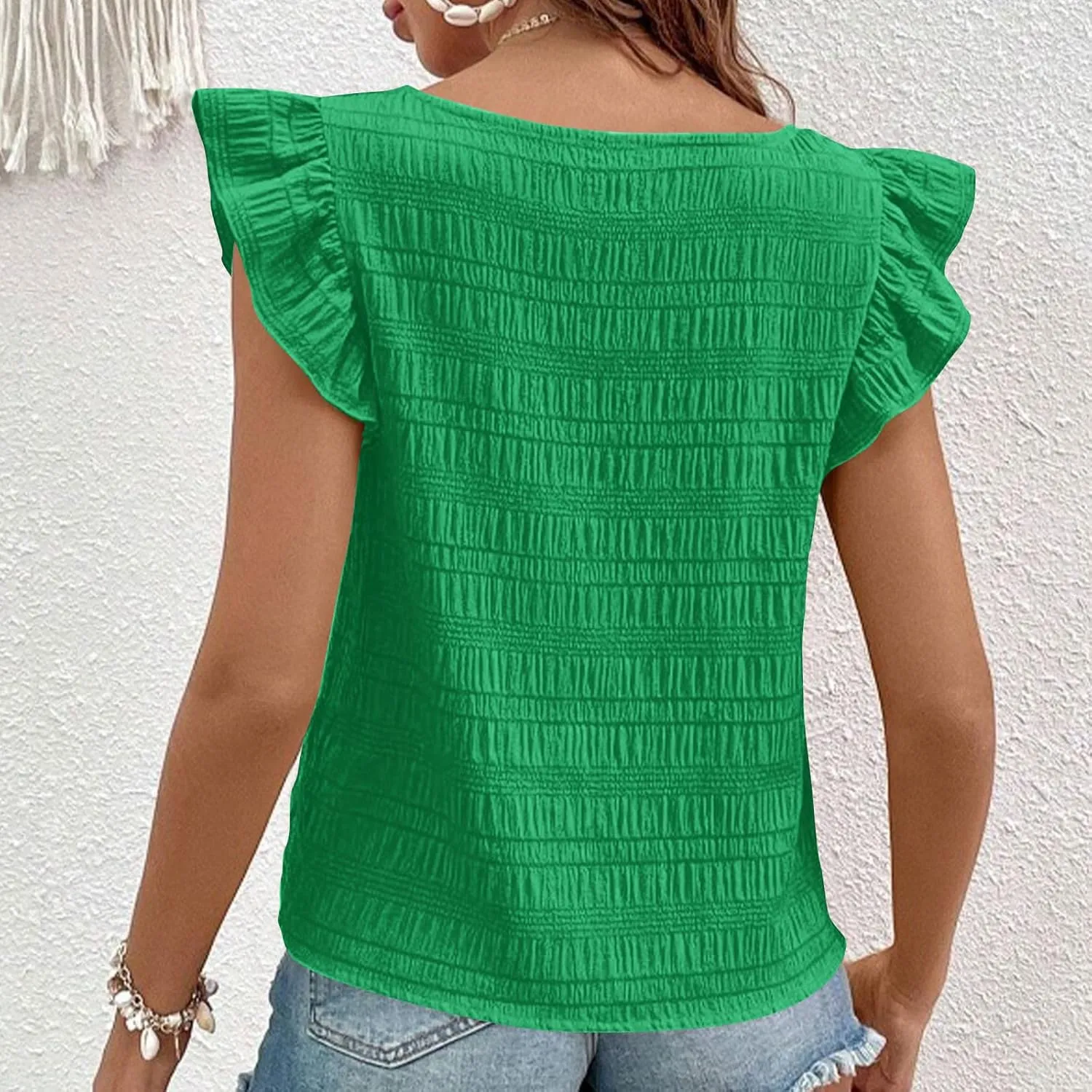 Womens Ruffle Cap Sleeve Tops Petite Crop Square Neck Blouses Dressy Casual Summer Daily T Shirts Going Out Tunic