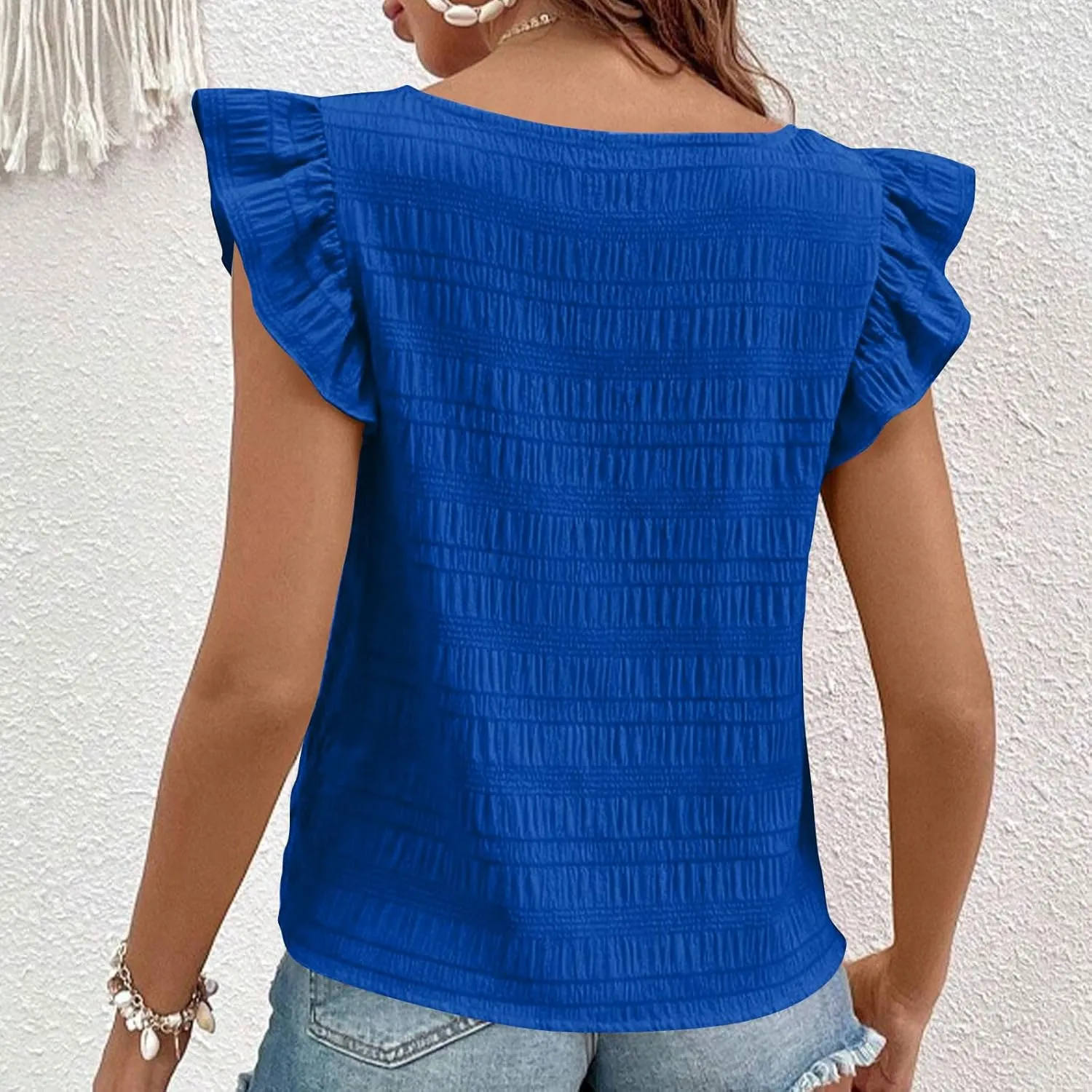 Womens Ruffle Cap Sleeve Tops Petite Crop Square Neck Blouses Dressy Casual Summer Daily T Shirts Going Out Tunic