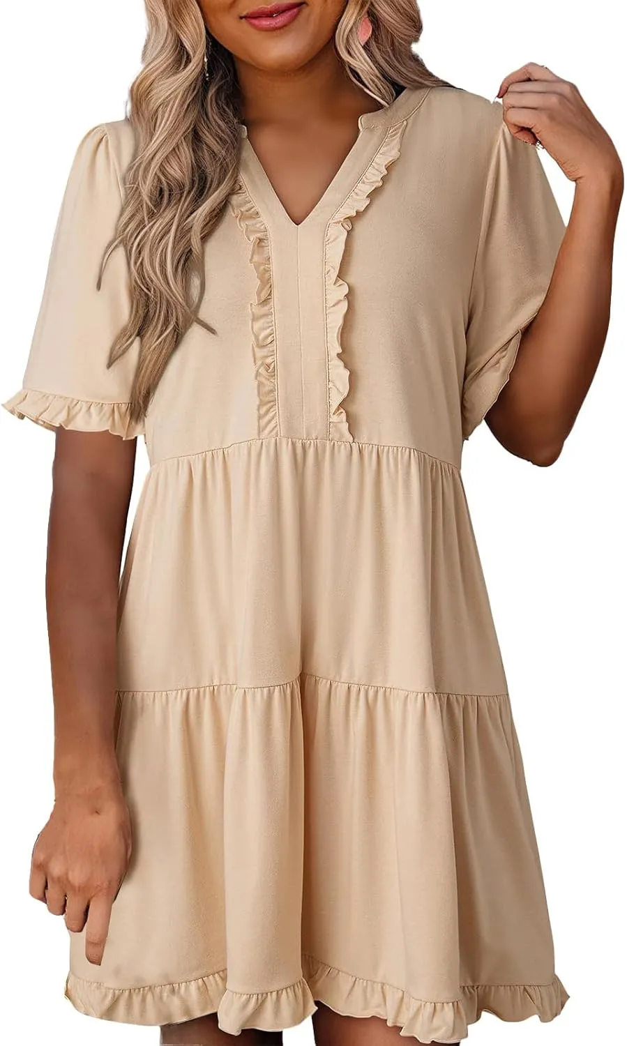 Womens Short Sleeve Dress Summer Casual V Neck Ruffle A Line Shift Dress Spring Flowy Swing Tiered Mini Dresses
