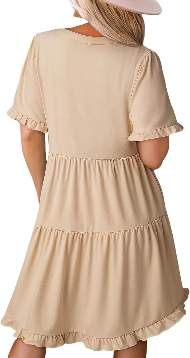 Womens Short Sleeve Dress Summer Casual V Neck Ruffle A Line Shift Dress Spring Flowy Swing Tiered Mini Dresses