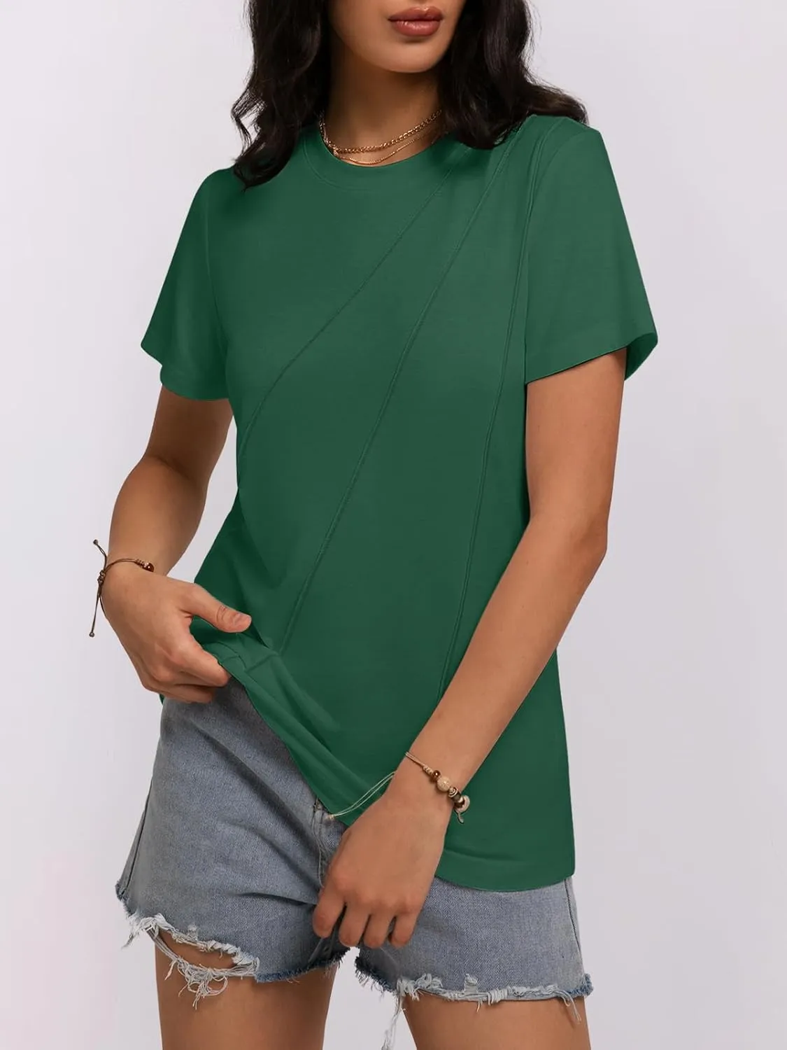 Women's Short Sleeve Tops Pleated Crewneck Loose Fit T Shirt Business Casual Dressy Work Shirts 2025 Summer Blouses