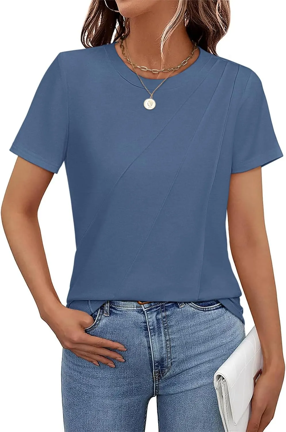 Women's Short Sleeve Tops Pleated Crewneck Loose Fit T Shirt Business Casual Dressy Work Shirts 2025 Summer Blouses
