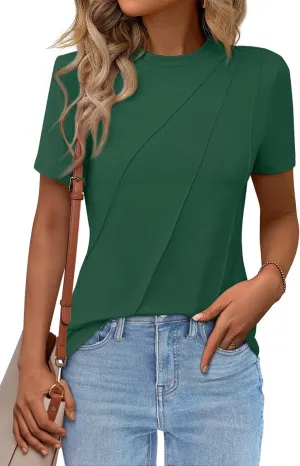 Women's Short Sleeve Tops Pleated Crewneck Loose Fit T Shirt Business Casual Dressy Work Shirts 2025 Summer Blouses