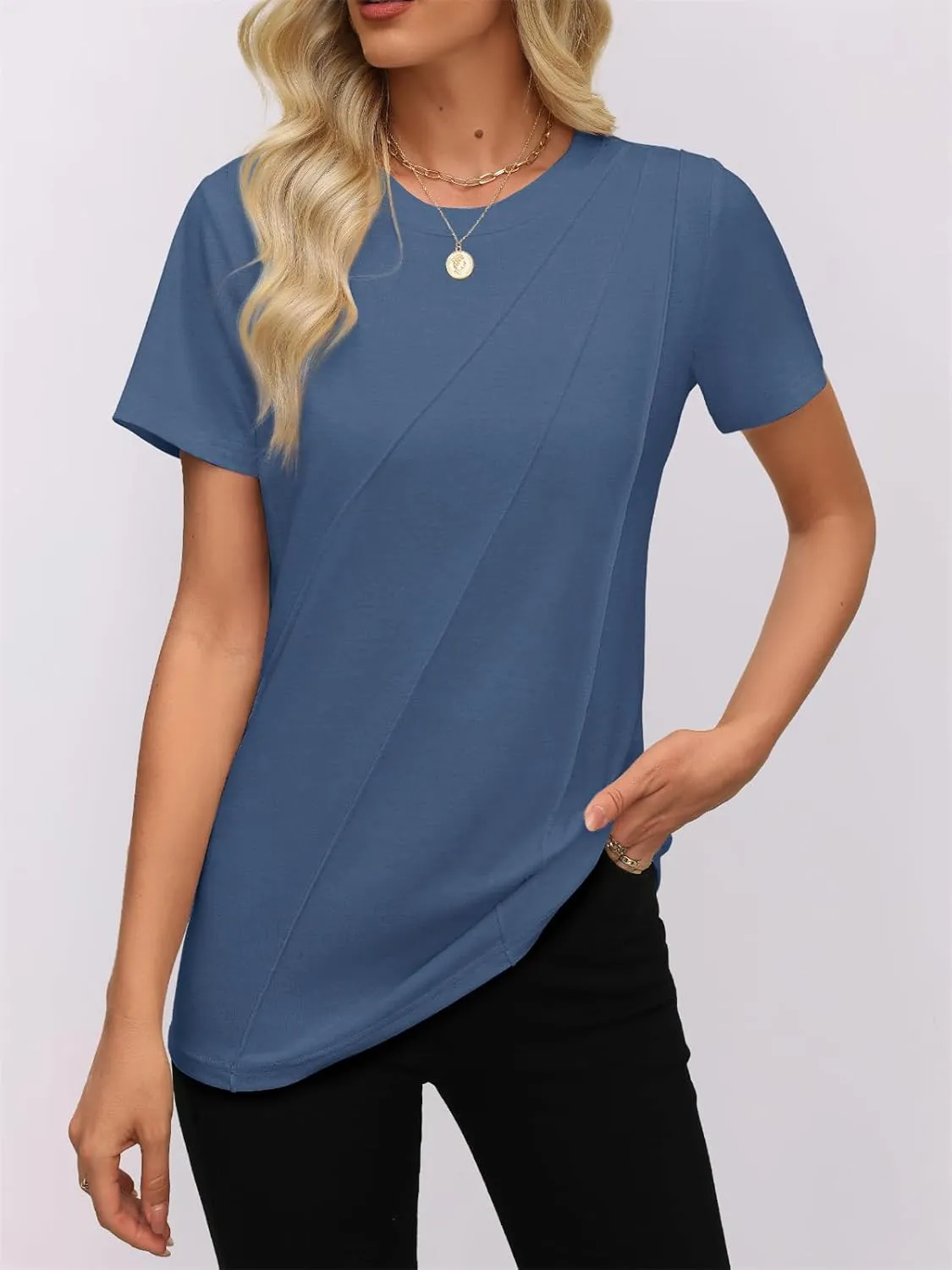 Women's Short Sleeve Tops Pleated Crewneck Loose Fit T Shirt Business Casual Dressy Work Shirts 2025 Summer Blouses