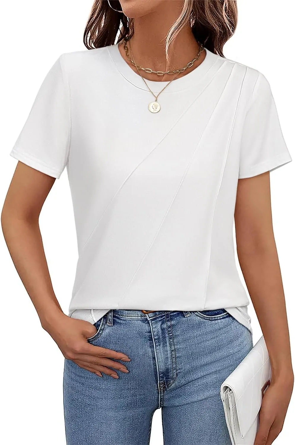 Women's Short Sleeve Tops Pleated Crewneck Loose Fit T Shirt Business Casual Dressy Work Shirts 2025 Summer Blouses