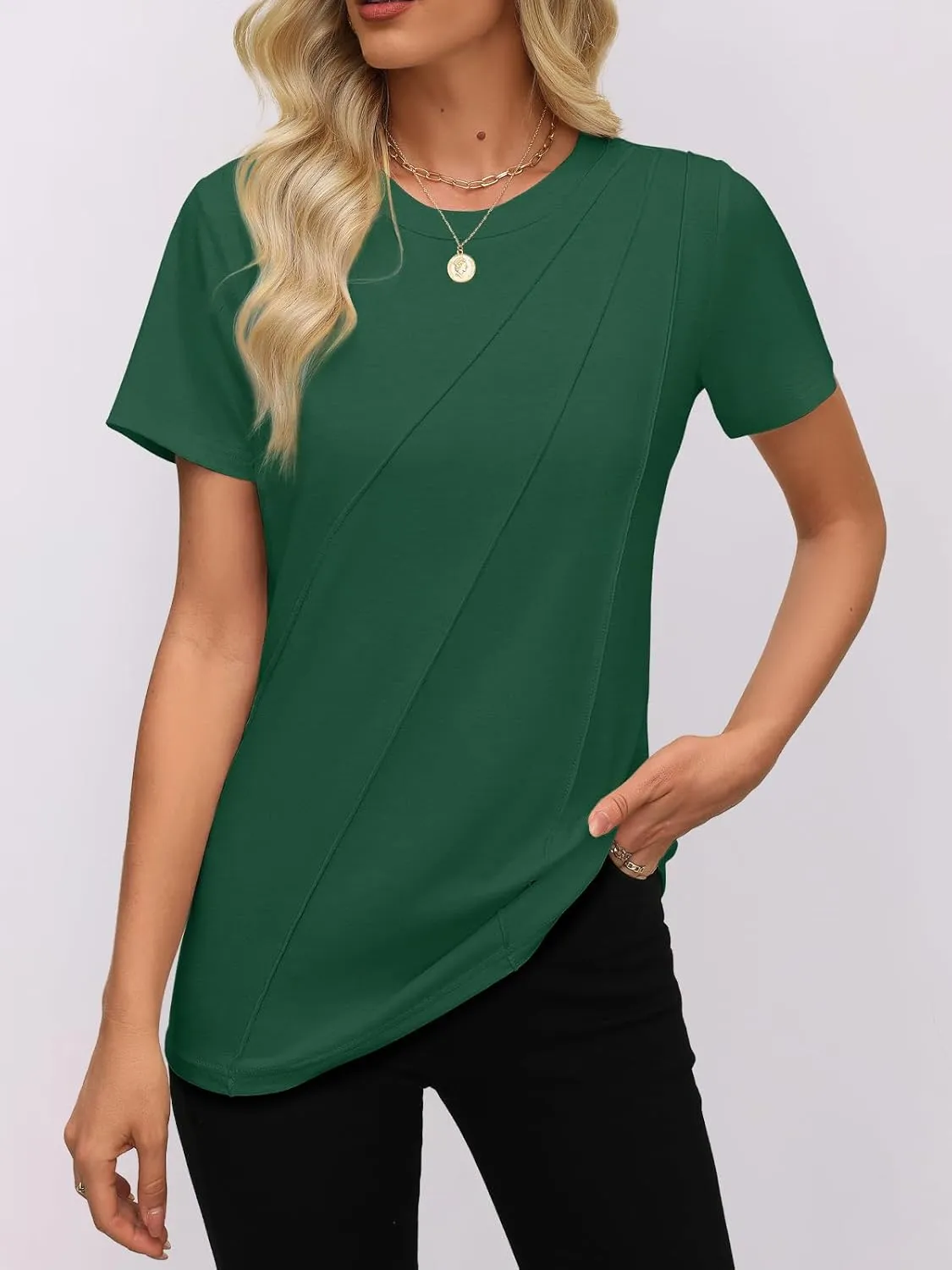Women's Short Sleeve Tops Pleated Crewneck Loose Fit T Shirt Business Casual Dressy Work Shirts 2025 Summer Blouses