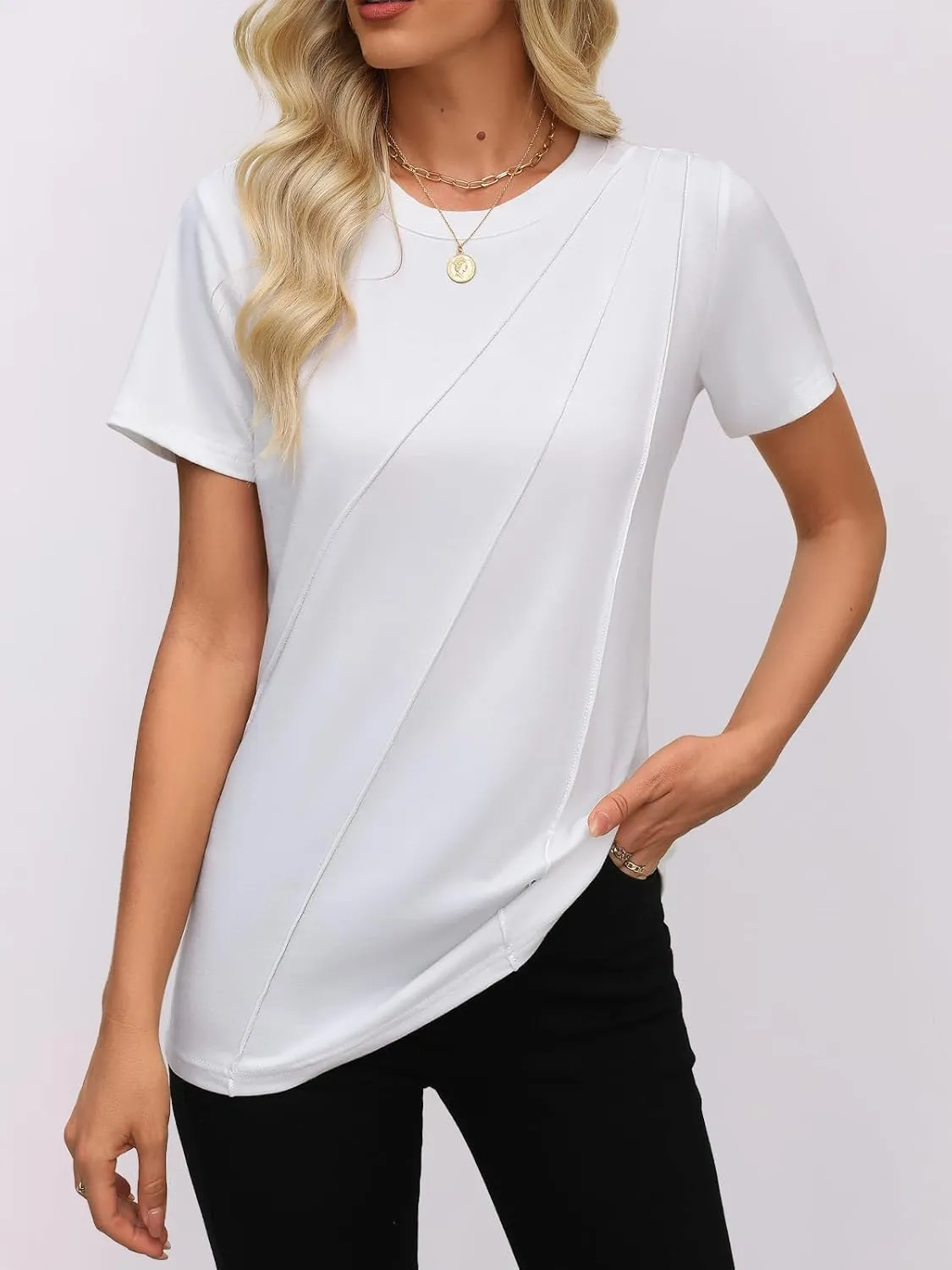 Women's Short Sleeve Tops Pleated Crewneck Loose Fit T Shirt Business Casual Dressy Work Shirts 2025 Summer Blouses