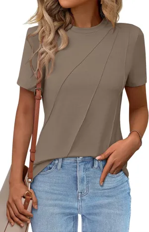 Women's Short Sleeve Tops Pleated Crewneck Loose Fit T Shirt Business Casual Dressy Work Shirts 2025 Summer Blouses