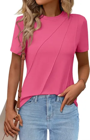 Women's Short Sleeve Tops Pleated Crewneck Loose Fit T Shirt Business Casual Dressy Work Shirts 2025 Summer Blouses
