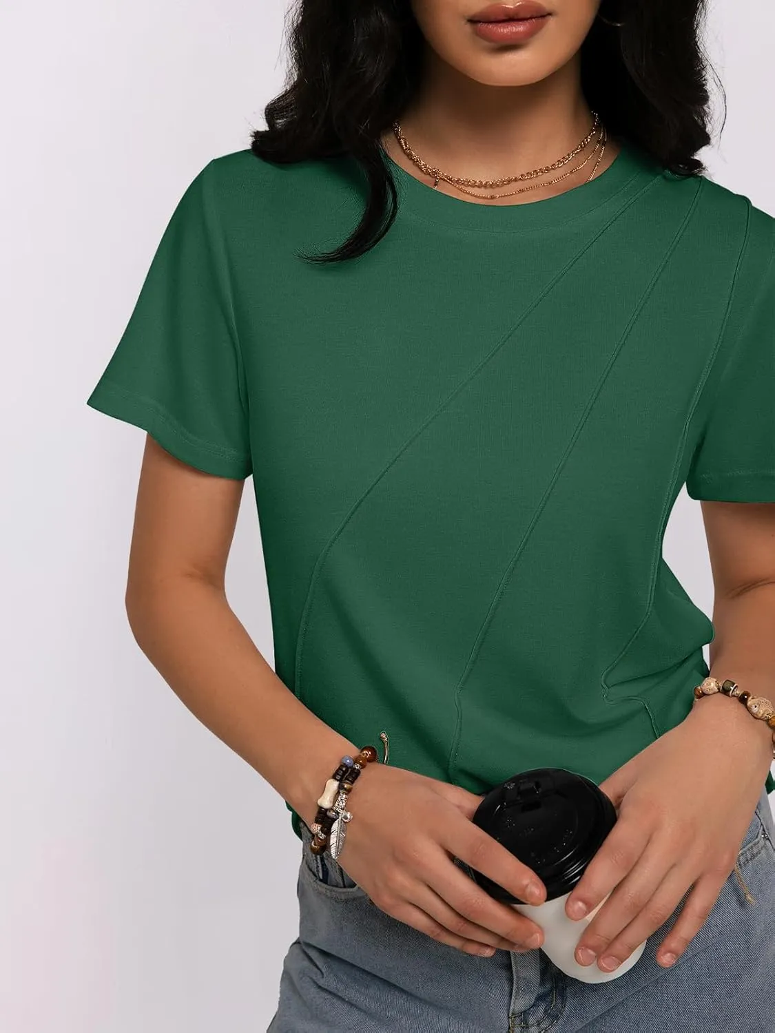 Women's Short Sleeve Tops Pleated Crewneck Loose Fit T Shirt Business Casual Dressy Work Shirts 2025 Summer Blouses