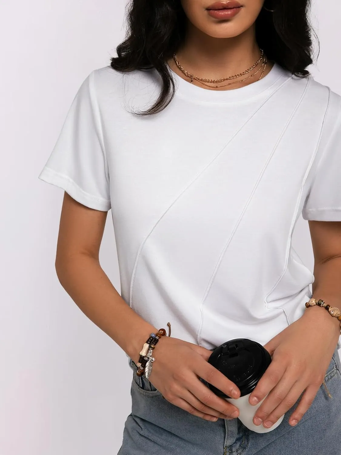 Women's Short Sleeve Tops Pleated Crewneck Loose Fit T Shirt Business Casual Dressy Work Shirts 2025 Summer Blouses