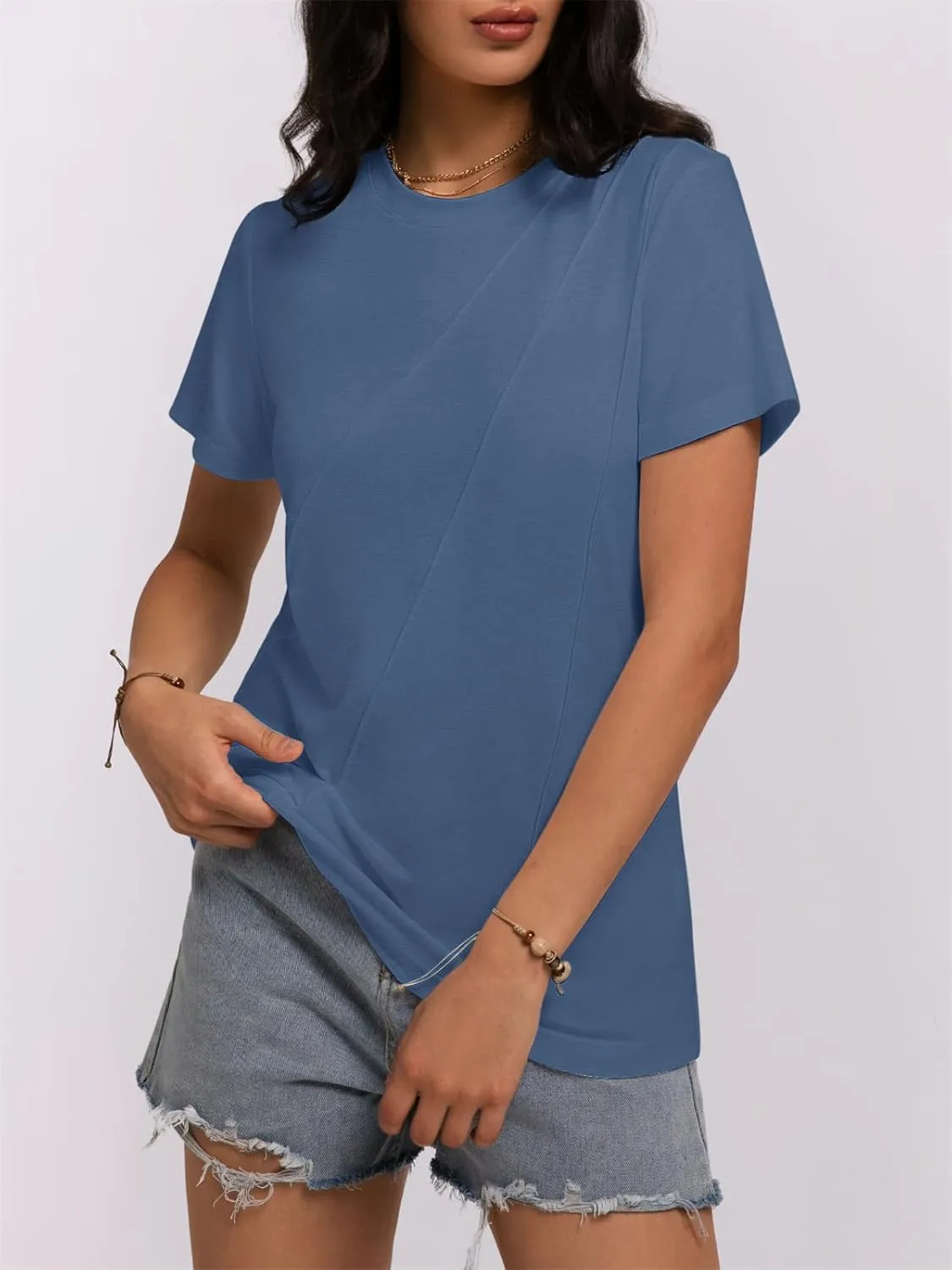 Women's Short Sleeve Tops Pleated Crewneck Loose Fit T Shirt Business Casual Dressy Work Shirts 2025 Summer Blouses