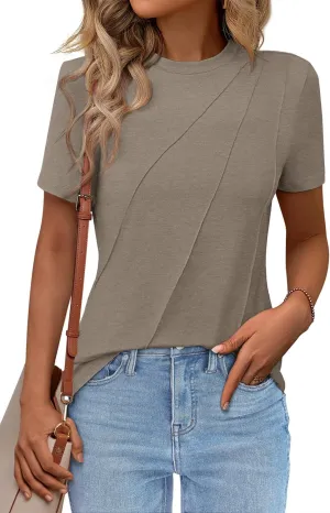 Women's Short Sleeve Tops Pleated Crewneck Loose Fit T Shirt Business Casual Dressy Work Shirts 2025 Summer Blouses
