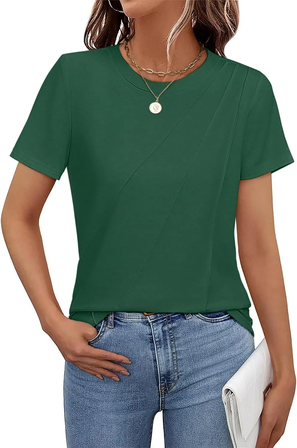 Women's Short Sleeve Tops Pleated Crewneck Loose Fit T Shirt Business Casual Dressy Work Shirts 2025 Summer Blouses