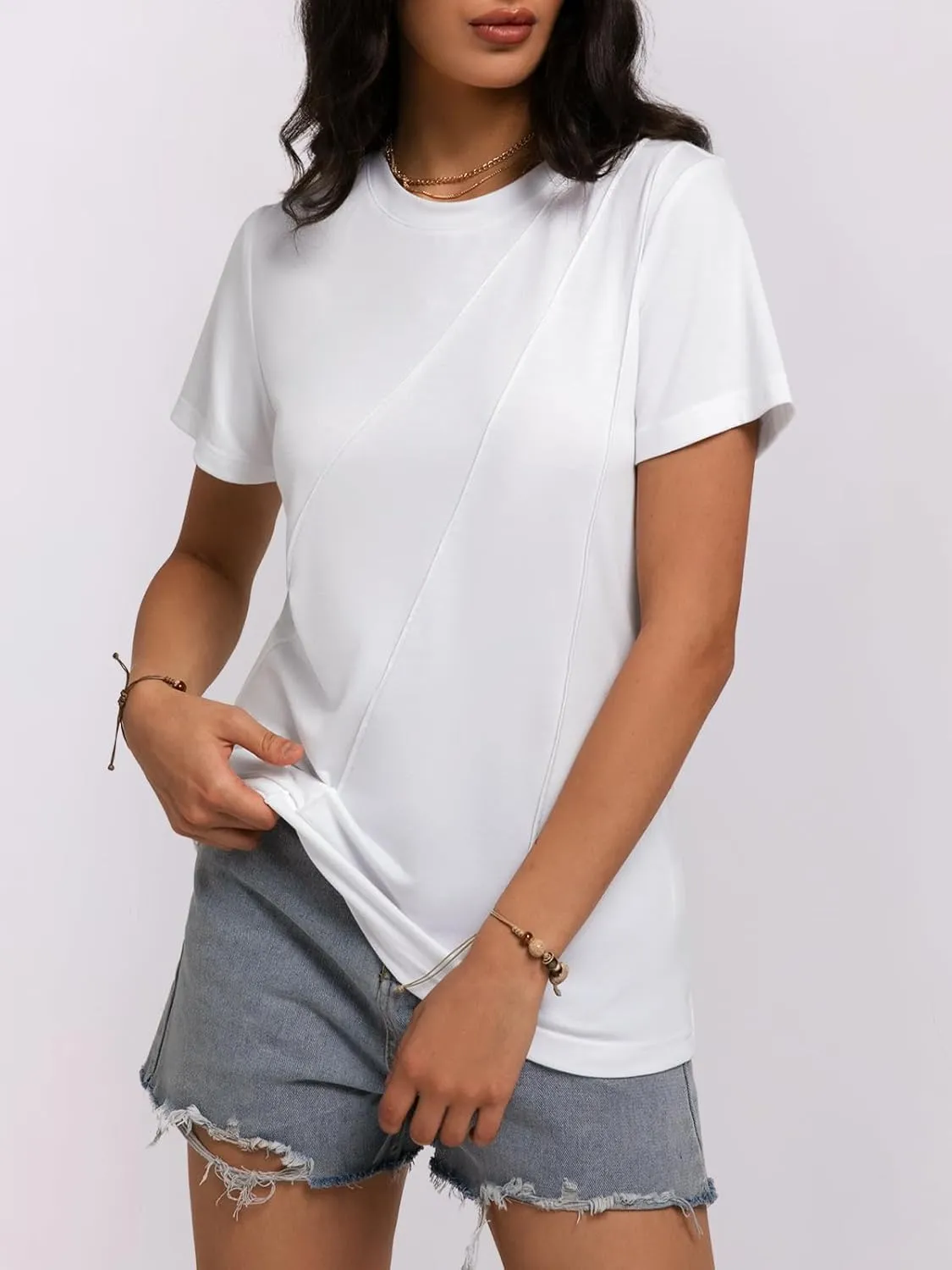 Women's Short Sleeve Tops Pleated Crewneck Loose Fit T Shirt Business Casual Dressy Work Shirts 2025 Summer Blouses