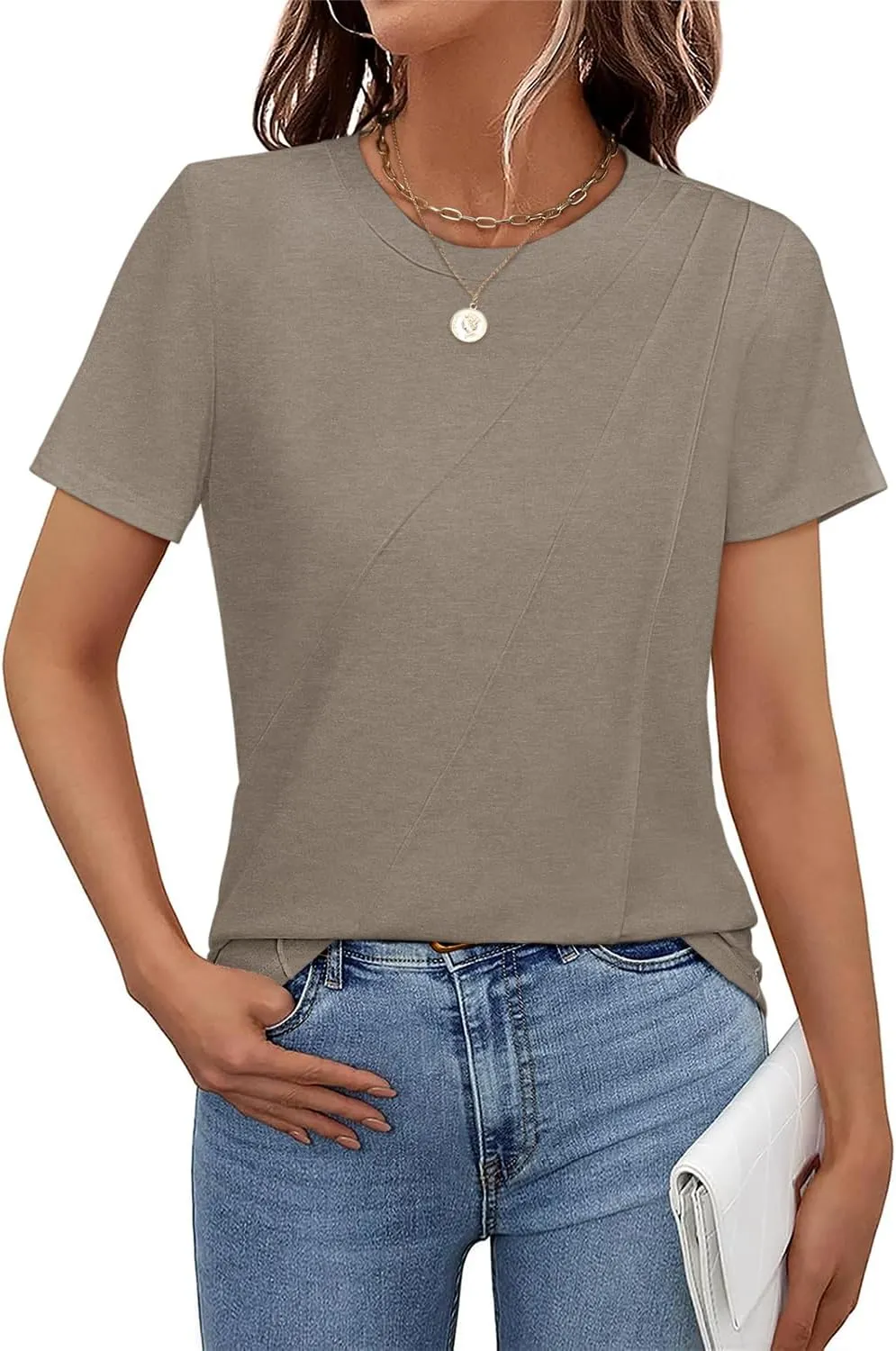 Women's Short Sleeve Tops Pleated Crewneck Loose Fit T Shirt Business Casual Dressy Work Shirts 2025 Summer Blouses