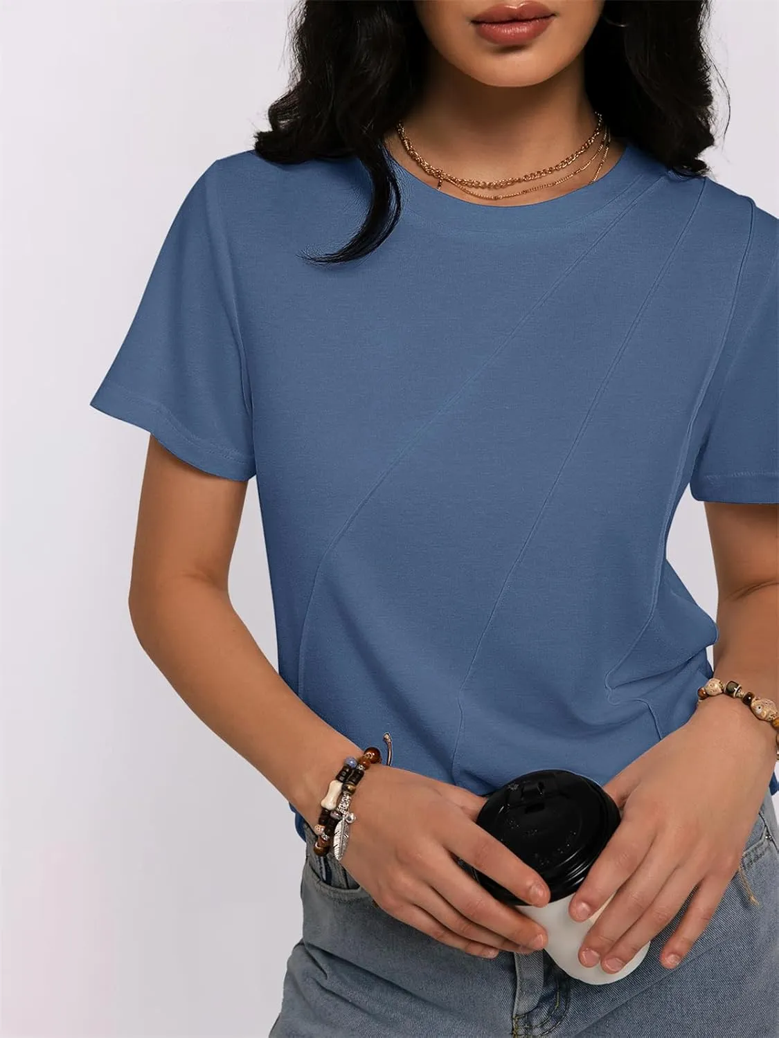 Women's Short Sleeve Tops Pleated Crewneck Loose Fit T Shirt Business Casual Dressy Work Shirts 2025 Summer Blouses