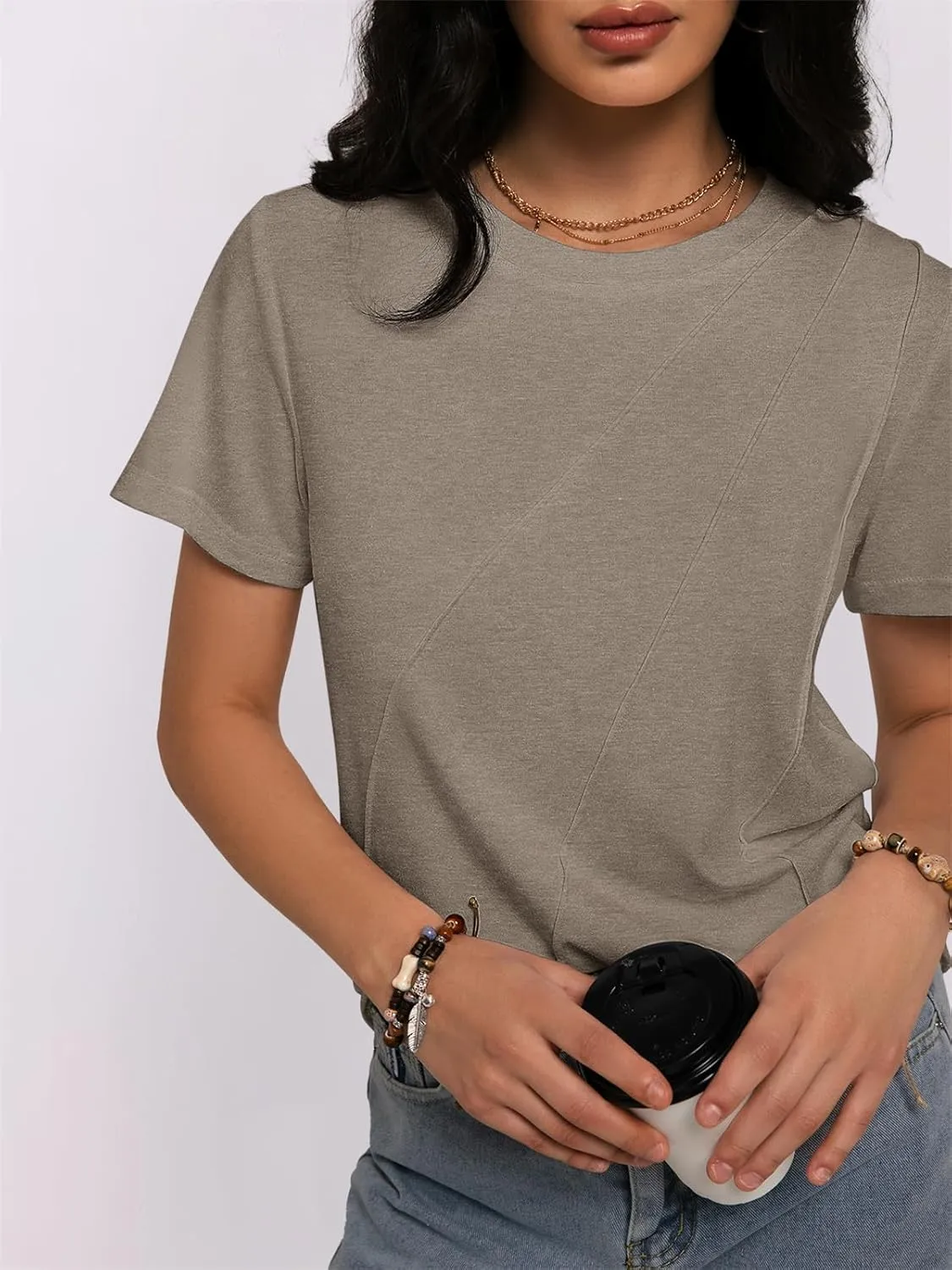 Women's Short Sleeve Tops Pleated Crewneck Loose Fit T Shirt Business Casual Dressy Work Shirts 2025 Summer Blouses