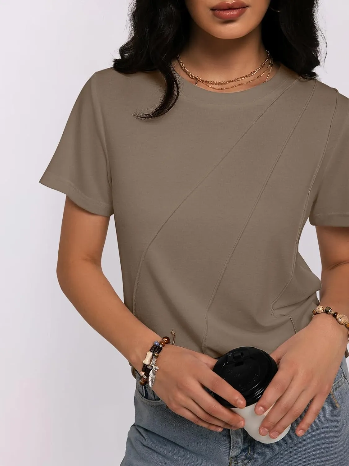 Women's Short Sleeve Tops Pleated Crewneck Loose Fit T Shirt Business Casual Dressy Work Shirts 2025 Summer Blouses